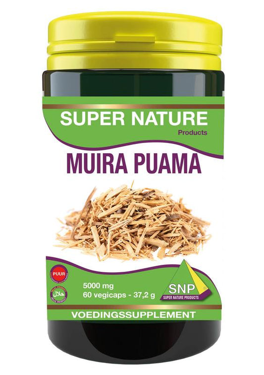 SNP Muira Puama 5000mg herbal capsules in a bottle, dietary supplement for vitality and herbal health support.