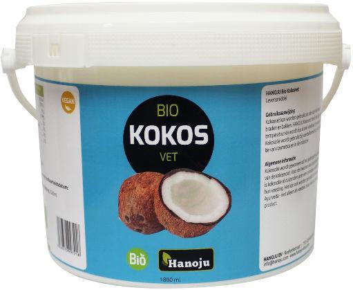 Hanoju bio geurloze kokosolie in 1800ml bottle, natural cooking oil, clear liquid in a transparent bottle