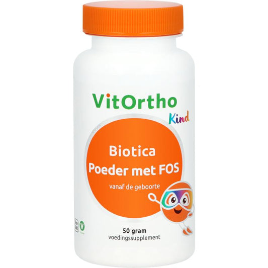 VitOrtho Biotica probiotic powder with FOS, 50g, containing beneficial micro-organisms for digestive health.
