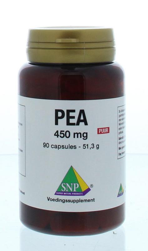 SNP PEA puur 450mg dietary supplement capsules, showing a bottle of 90 SNP Vetzuren capsules for natural health support