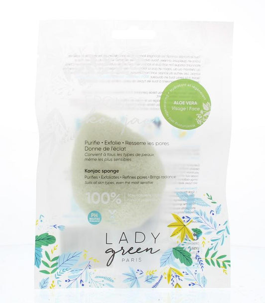 Lady Green green konjac facial sponge with aloe vera, showing soft, round sponge for gentle facial cleansing.