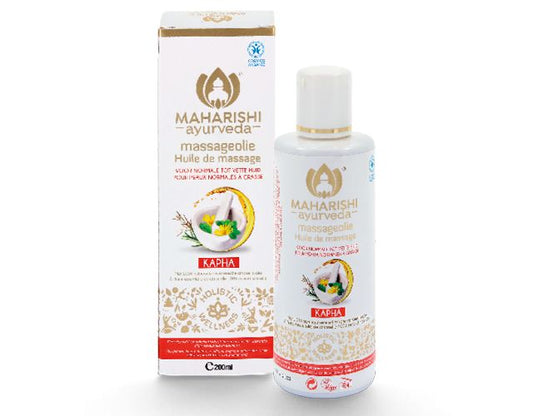 Maharishi Ayurv Kapha massage oil in a 200ml bottle, natural body care product for balanced skin and relaxation.
