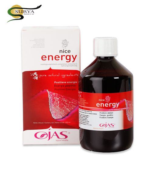 Bottle of Ojas Nice Energy herbal supplement, 500ml Kruidenpreparaten product with a label and cap.
