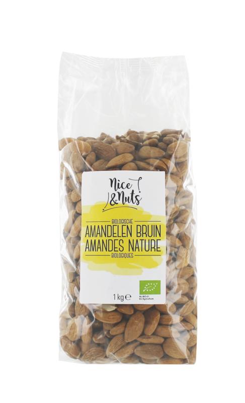 Raw organic brown almonds from Nice & Nuts, 1 kilogram bag, highlighting fresh, natural superfood almonds in a close-up shot.