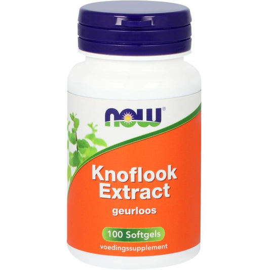 NOW Knoflook extract softgels for herbal supplement, showing a bottle of garlic extract capsules in a clear container.
