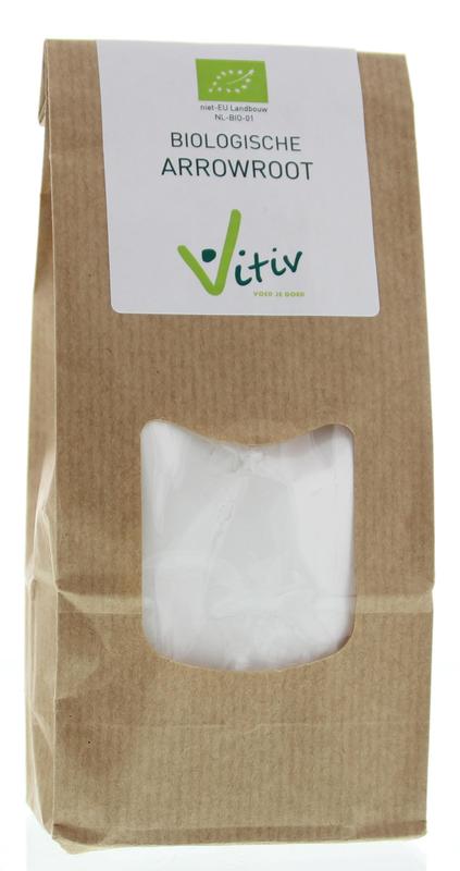 Vitiv Arrowroot bio raw superfood in 200g package, showing the natural powder in a clear container with a white background.