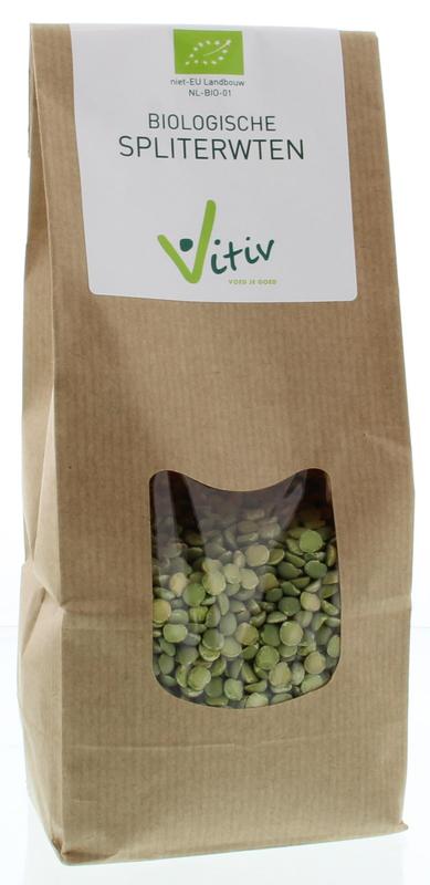 Vitiv bio split peas in 500g packaging, part of organic vegetables and legumes collection, shown in the image.