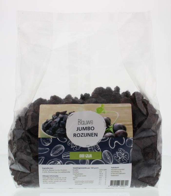 Blue jumbo raisins from MijnNatuurwinkel, 1kg pack, showcasing large, plump dried blue raisins in a clear container.