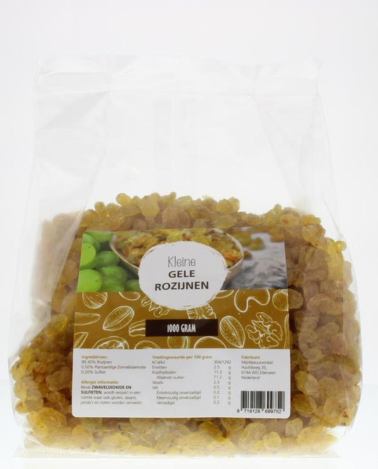 Gele sultana rozijnen in een zak van MijnNatuurwinkel, 1 kilogram, gezonde snacks en tussendoortjes, close-up van de rozijnen