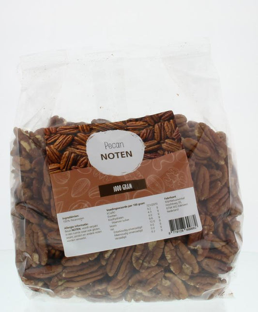 Raw pecan nuts from MijnNatuurwinkel, 1 kilogram package, showcasing fresh, natural pecans ideal for superfoods and healthy snacks.
