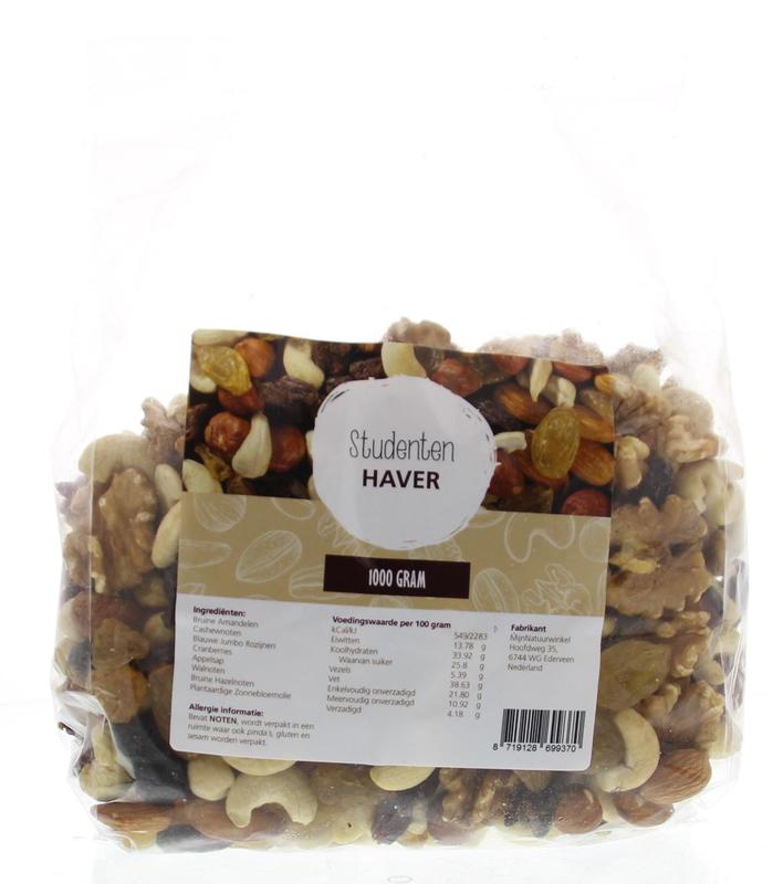MijnNatuurwinkel Studentenhaver in 1 kg package, a mix of nuts and dried fruits, perfect as healthy snacks or quick bites.