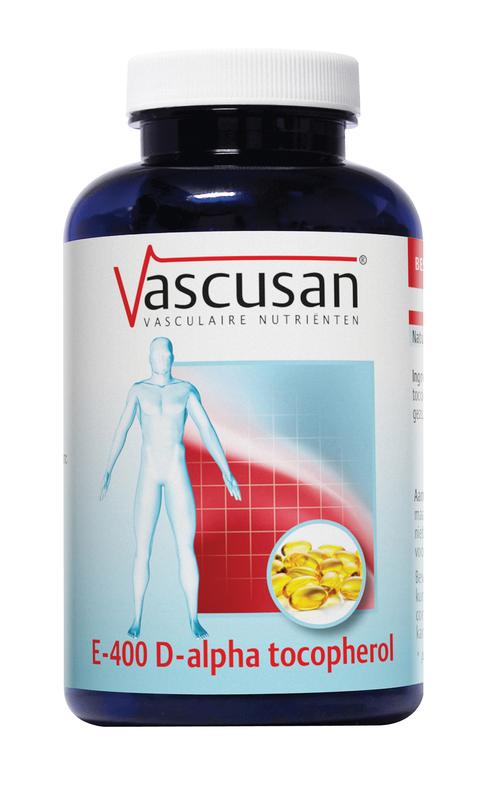 Vascusan Vascusan E-400 Alpha Tocopherol vitamin E softgel capsules in a bottle, supplement for antioxidant support.