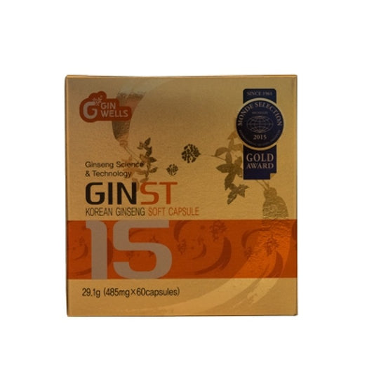 Ilhwa Ginst15 Korean Ginseng soft capsules in a bottle, herbal supplement for energy and wellness, 60 capsules.