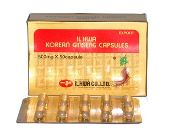 Ilhwa Korean ginseng capsules, 50-count herbal supplement, featuring traditional ginseng roots and capsule packaging.