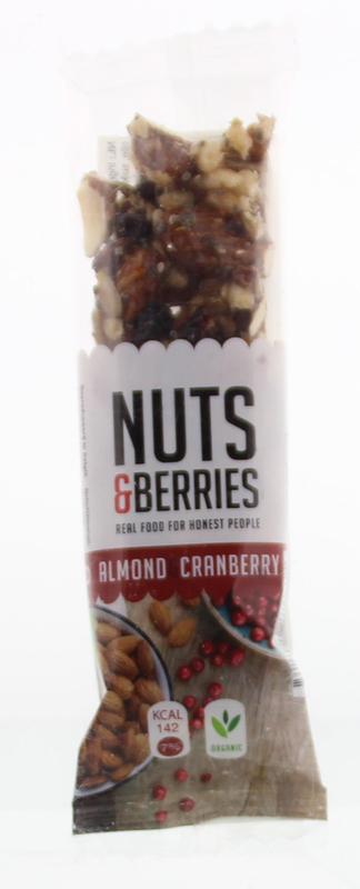 Nuts & Berries organic almond and cranberry snack pack, 30 grams, featuring mixed nuts and dried berries in a resealable bag.