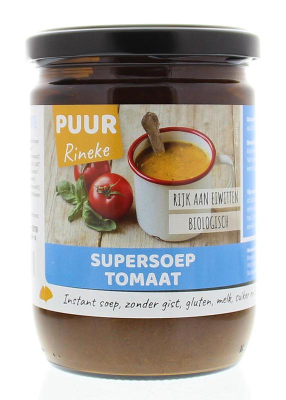 Puur Rineke Super soep tomaat bio in 224g tin, showcasing the label and packaging for organic tomato soup.