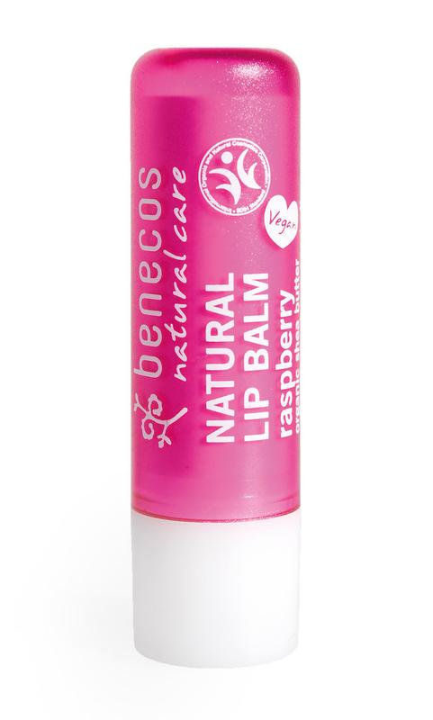 Benecos Natural Beauty raspberry lip balm for natural lip care, showing the small tube with raspberry flavor and branding.