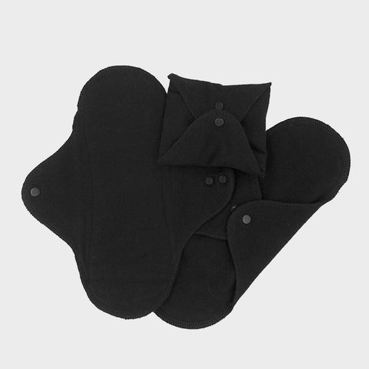 Imsevimse washable black incontinence pads for women, pack of 3, soft fabric, discreet design for daily comfort.