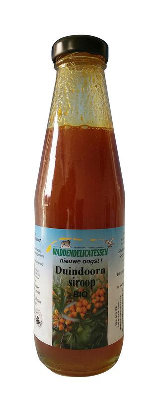 Waddendeli Duindoorn siroop bio 500ml bottle with golden amber liquid, natural and organic sweetener from Waddendeli.