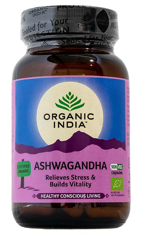 Organic India Ashwagandha bio capsules in a bottle, herbal supplement for wellness, part of Organic India's herbal preparations.