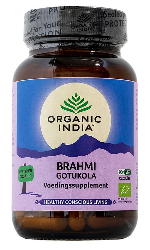 Organic India Brahmi gotu kola herbal capsules in a bottle, natural supplement for cognitive health, 90 capsules.