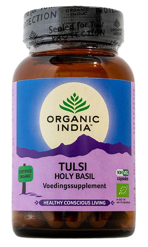 Organic India Tulsi holy basil vegetarian capsules, herbal supplement in a bottle, for wellness and natural health.