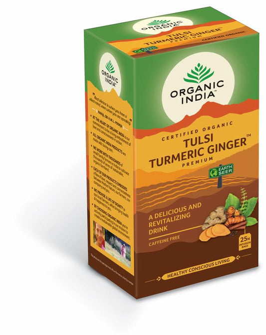 Organic India Tulsi turmeric ginger tea bags, aromatic herbal blend in 25 bio sachets, natural caffeine-free herbal tea.