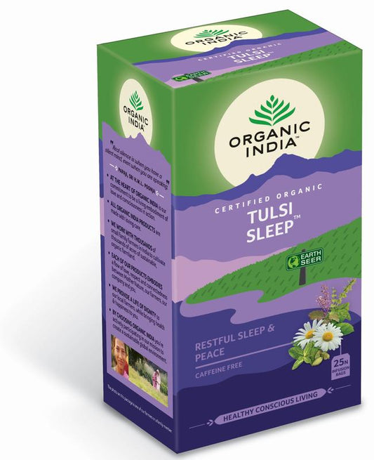 Organic India Tulsi Sleep Tea in a box with 25 tea bags, featuring herbal blend for relaxation and restful sleep.