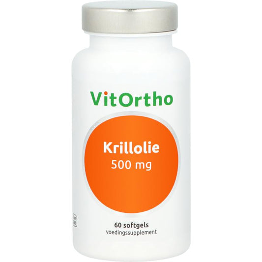 VitOrtho Krillolie 500mg softgels, a bottle of 60 Vetzuren omega-3 supplements with red softgel capsules.
