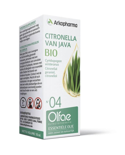 Olfae Citronella Van Java bio herbal preparation in a 10ml bottle, showcasing the herbal extract packaging and label.