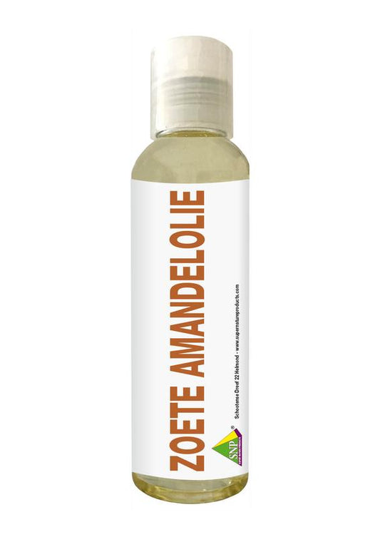 SNP Zoete amandelolie in 120ml bottle, natural body care product with almond oil for skin nourishment.