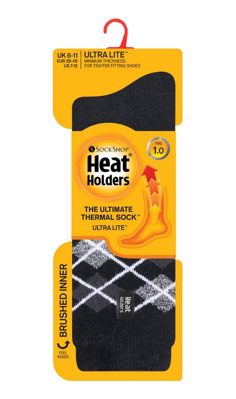 Heat Holders men's ultra lite black argyle socks for size 6-11, lightweight and comfortable men's socks.