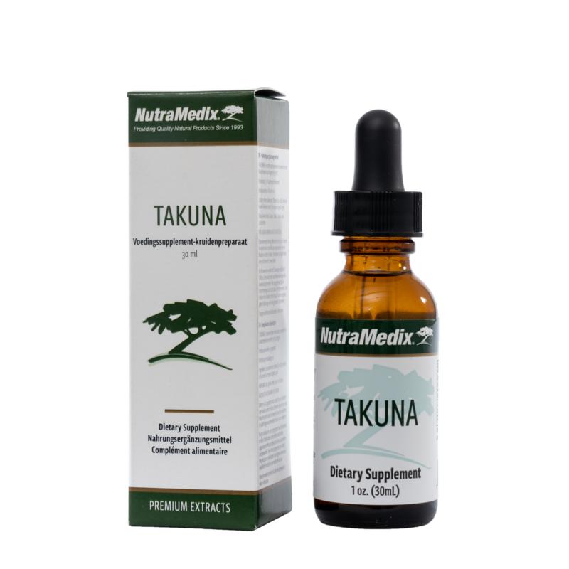Nutramedix Takuna herbal tincture bottle, 30ml, in a brown glass bottle with a white label, for herbal supplement use.