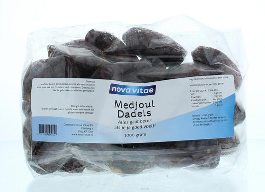 Fresh large Medjoul dates from Nova Vitae, premium quality, displayed in a 1kg pack, part of fruit and vegetable selection.