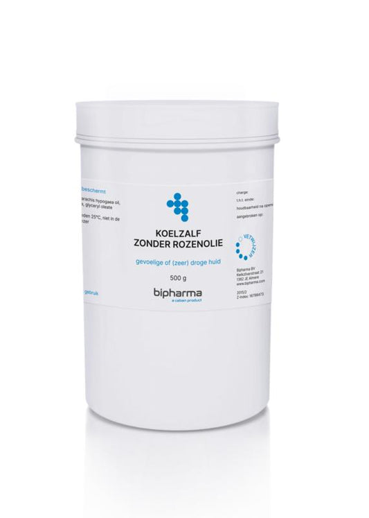 Bipharma Koelzalf zonder rozenolie in 500g tub, lichaamsverzorging product with a white container and label.