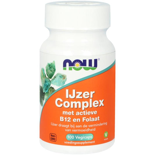 NOW Iron Complex vegetarian capsules with active B12 and folate, featuring mineral and multivitamin ingredients in a supplement bottle.