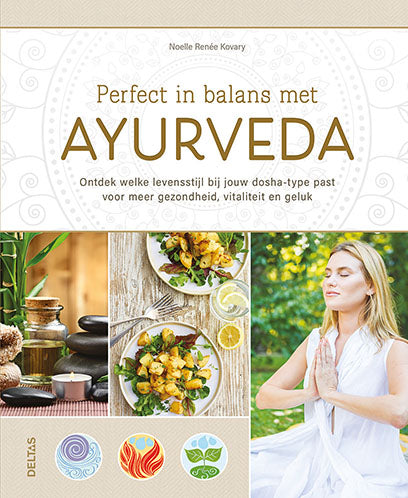 Deltas Perfect in Balans met Ayurveda book by Deltas, featuring cover with Ayurvedic symbols and colorful design.