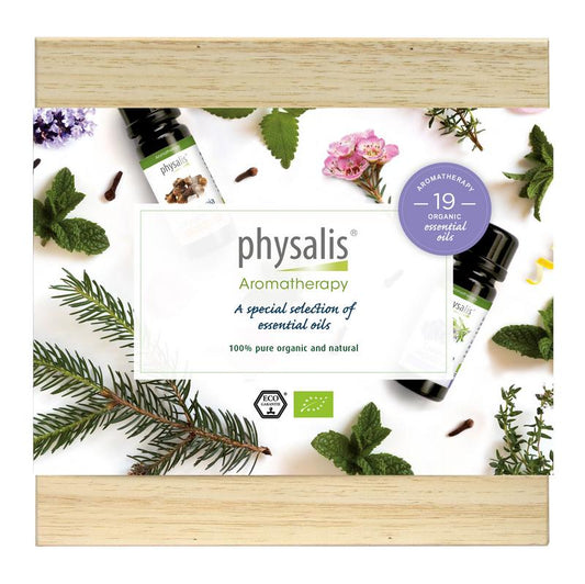 Physalis Aroma luxury bio essential oils set with various glass bottles and natural packaging for aromatherapy.