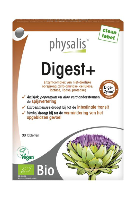 Physalis Digest+ bio herbal supplement in a bottle of 30 tablets, natural herbal remedy from Physalis for digestive health.