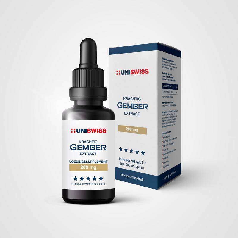 Uniswiss Gember kruidenpreparaten bottle with label, 10ml liquid ginger supplement from Uniswiss.