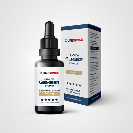 Uniswiss Gember kruidenpreparaten bottle with label, 10ml liquid ginger supplement from Uniswiss.