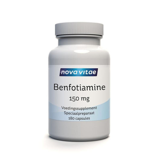 Nova Vitae Benfotiamine vitamin B1 capsules, 150mg, vegetarian dietary supplement, 180 capsules in a bottle.
