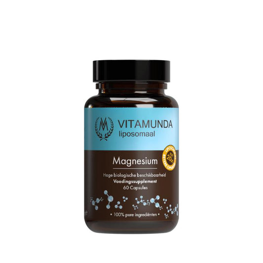 Vitamunda Magnesium mineral capsules in a bottle, with some capsules visible, emphasizing dietary supplement for mineral support.