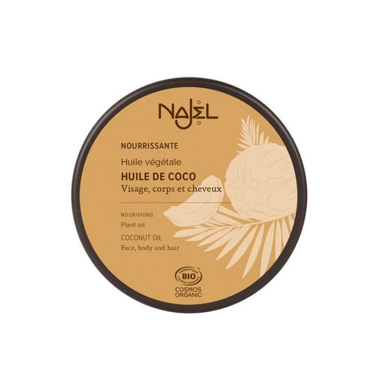 Najel Aleppo coconut oil 100g bottle for body care, natural skincare product with coconut oil in a clear container.