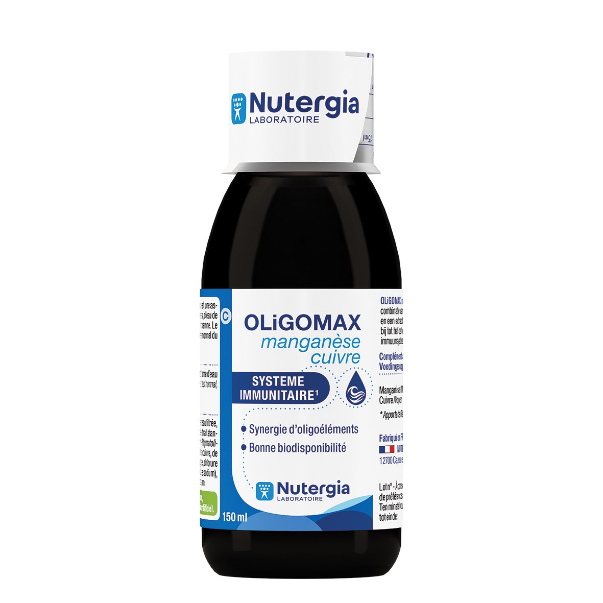 Nutergia Oligomax mineral supplement bottle containing manganese and copper, 150ml, with a clear label and dropper cap.