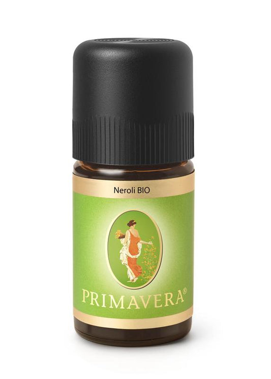 Primavera Neroli bio essential oil in a 5ml bottle, showing the amber glass container and label of the natural aromatherapy product.