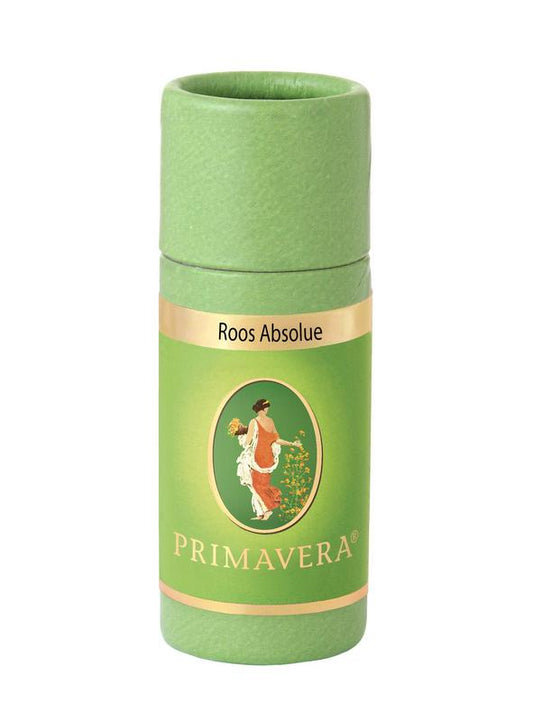 Primavera Roos Absolue bio essential oil bottle, 1ml, showcasing the amber glass container with a white label and dropper cap.