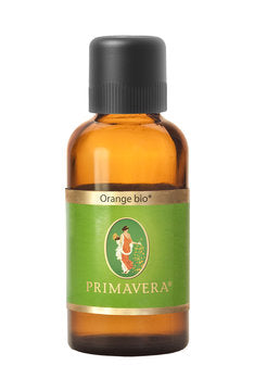 Primavera bio orange essential oil in 50ml bottle, natural aromatic extract with vibrant orange color and dropper cap.