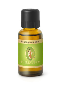 Primavera Geranium bio essential oil in 30ml bottle, natural etherische oliën with vibrant geranium flowers and botanical packaging