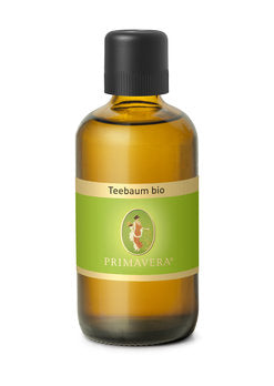 Primavera Tea Tree Bio essential oil bottle, 100ml, natural therapeutic etherische oliën with green labeling and clear dropper cap.